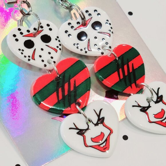 Jason Voorhees Freddy Krueger IT Earrings Stainless Steel Hooks Horror Lover NEW - Picture 1 of 6